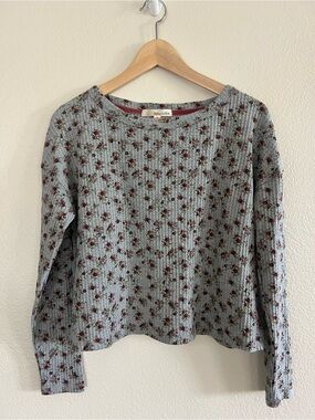 Rewind Light Blue Ribbed Long-Sleeve Floral Top